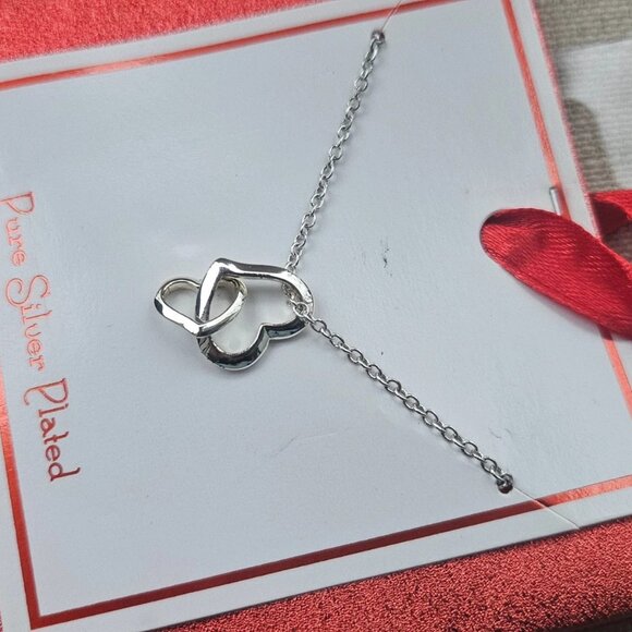 Women Necklace Double Heart Pendant Fashion Jewelry Pure Silver Plated Gift Bag - Picture 4 of 10